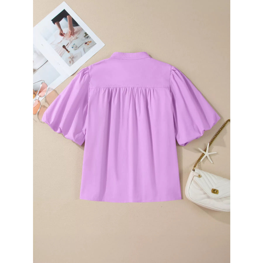 Notched Puff Sleeve Blouse Apparel and Accessories