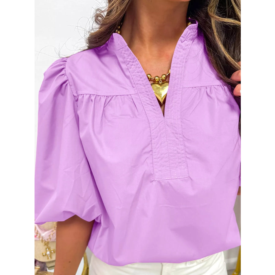 Notched Puff Sleeve Blouse Apparel and Accessories