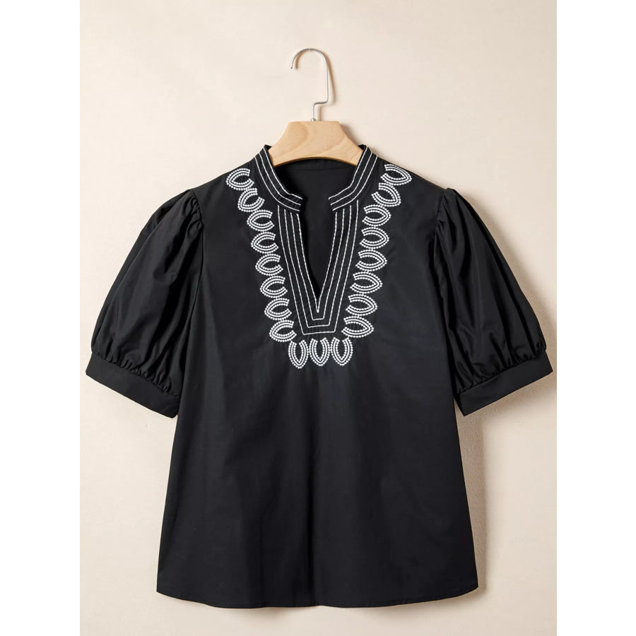 Notched Puff Sleeve Blouse Apparel and Accessories