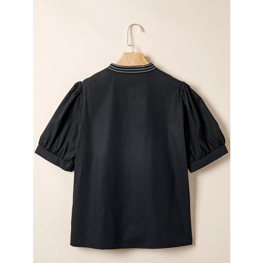Notched Puff Sleeve Blouse Apparel and Accessories