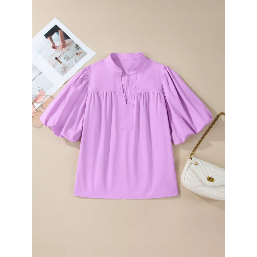 Notched Puff Sleeve Blouse Apparel and Accessories