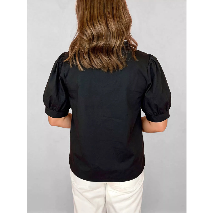 Notched Puff Sleeve Blouse Apparel and Accessories