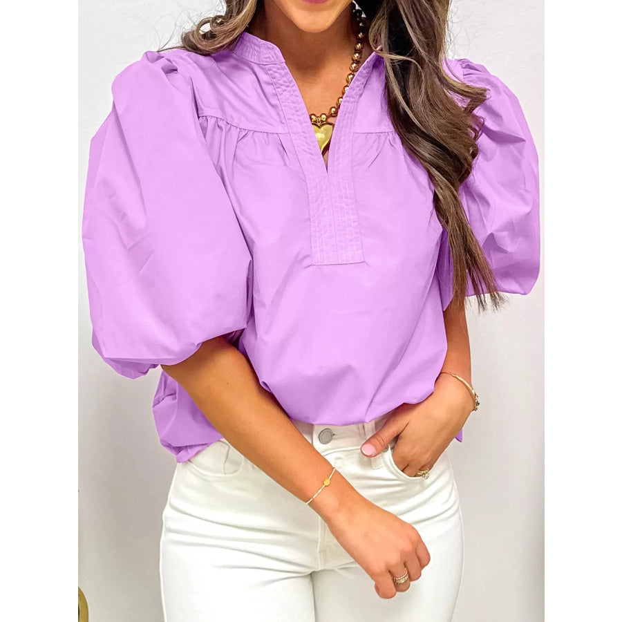Notched Puff Sleeve Blouse Apparel and Accessories