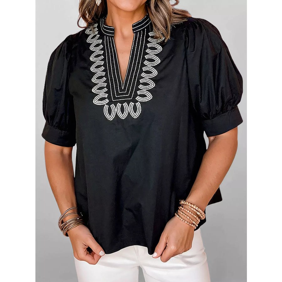 Notched Puff Sleeve Blouse Black / S Apparel and Accessories