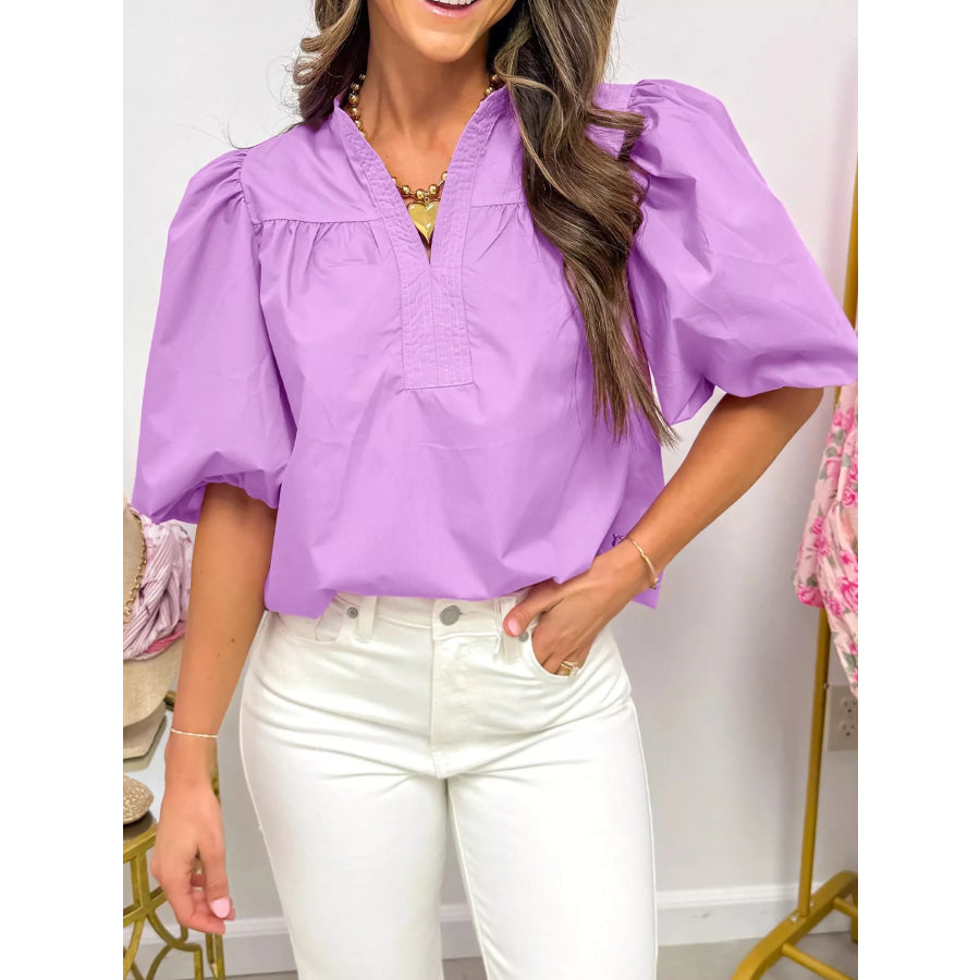Notched Puff Sleeve Blouse Heliotrope Purple / S Apparel and Accessories