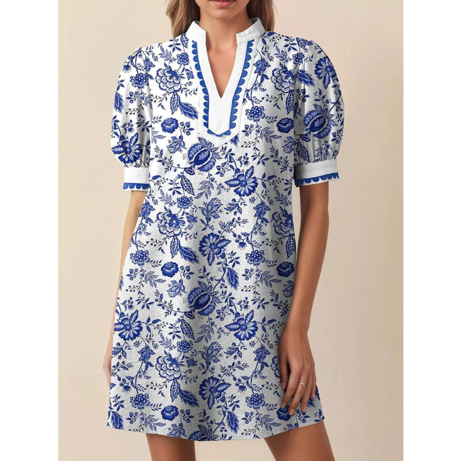 Notched Puff Sleeve Mini Dress Apparel and Accessories