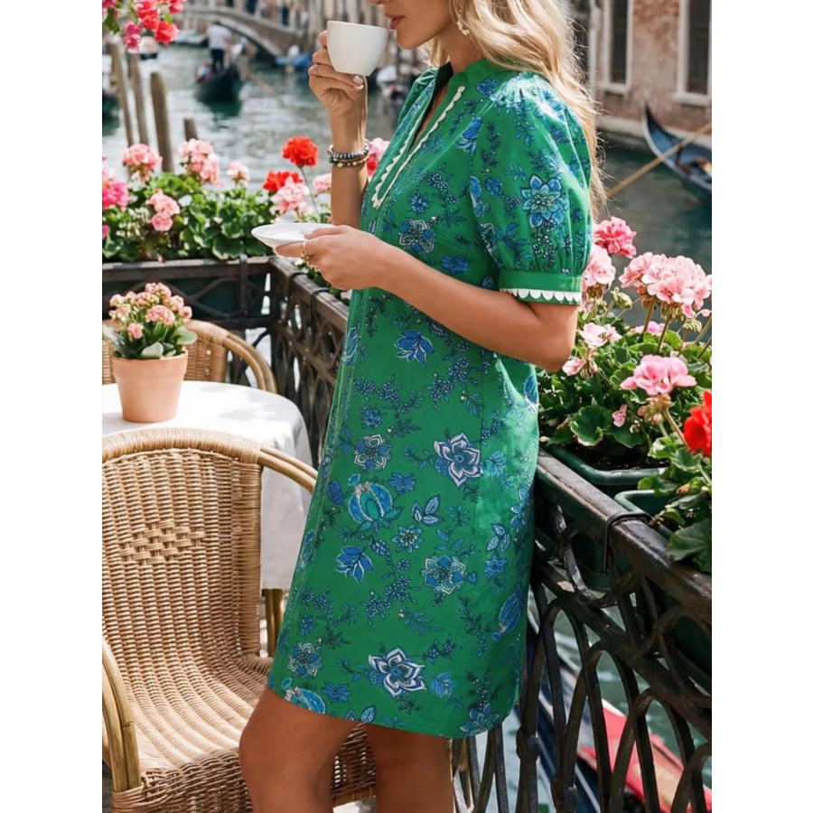Notched Puff Sleeve Mini Dress Apparel and Accessories