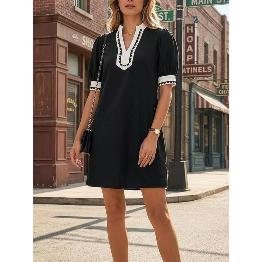 Notched Puff Sleeve Mini Dress Apparel and Accessories