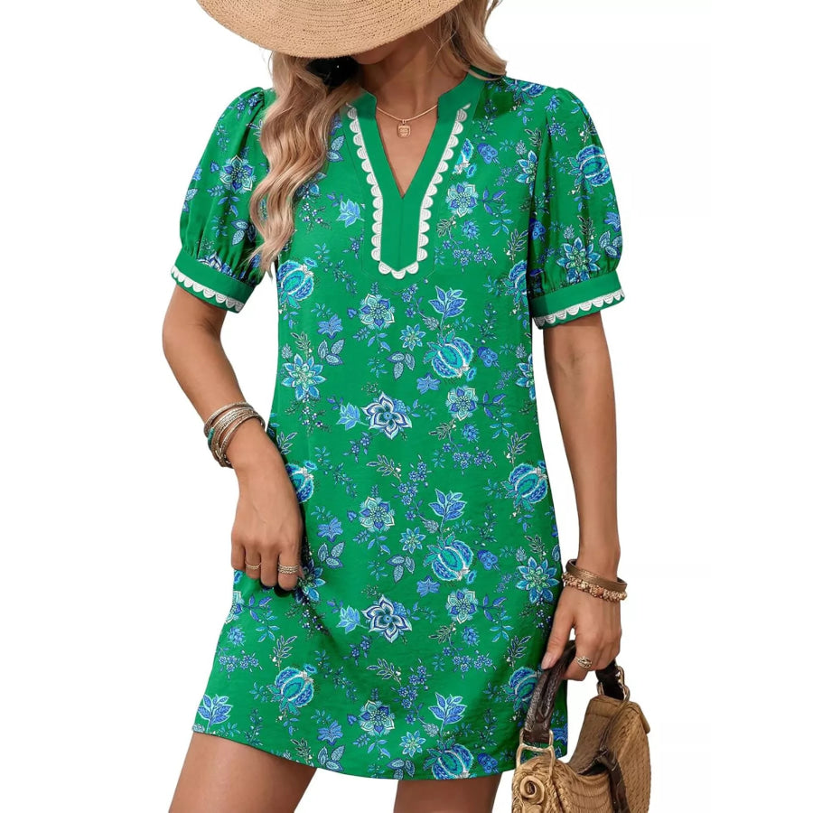 Notched Puff Sleeve Mini Dress Dark Green / S Apparel and Accessories
