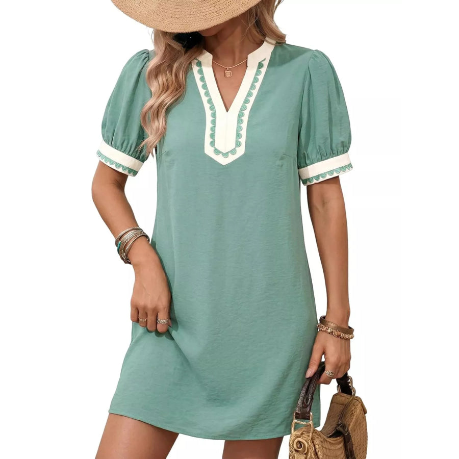 Notched Puff Sleeve Mini Dress Matcha Green / S Apparel and Accessories