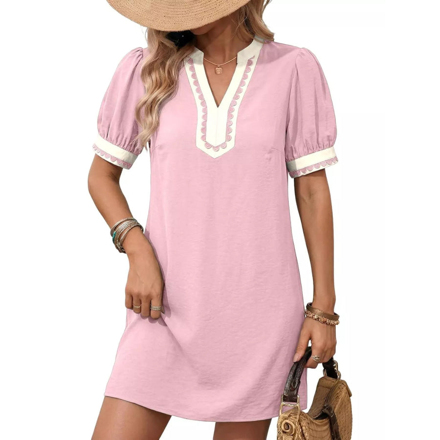 Notched Puff Sleeve Mini Dress Pink / S Apparel and Accessories