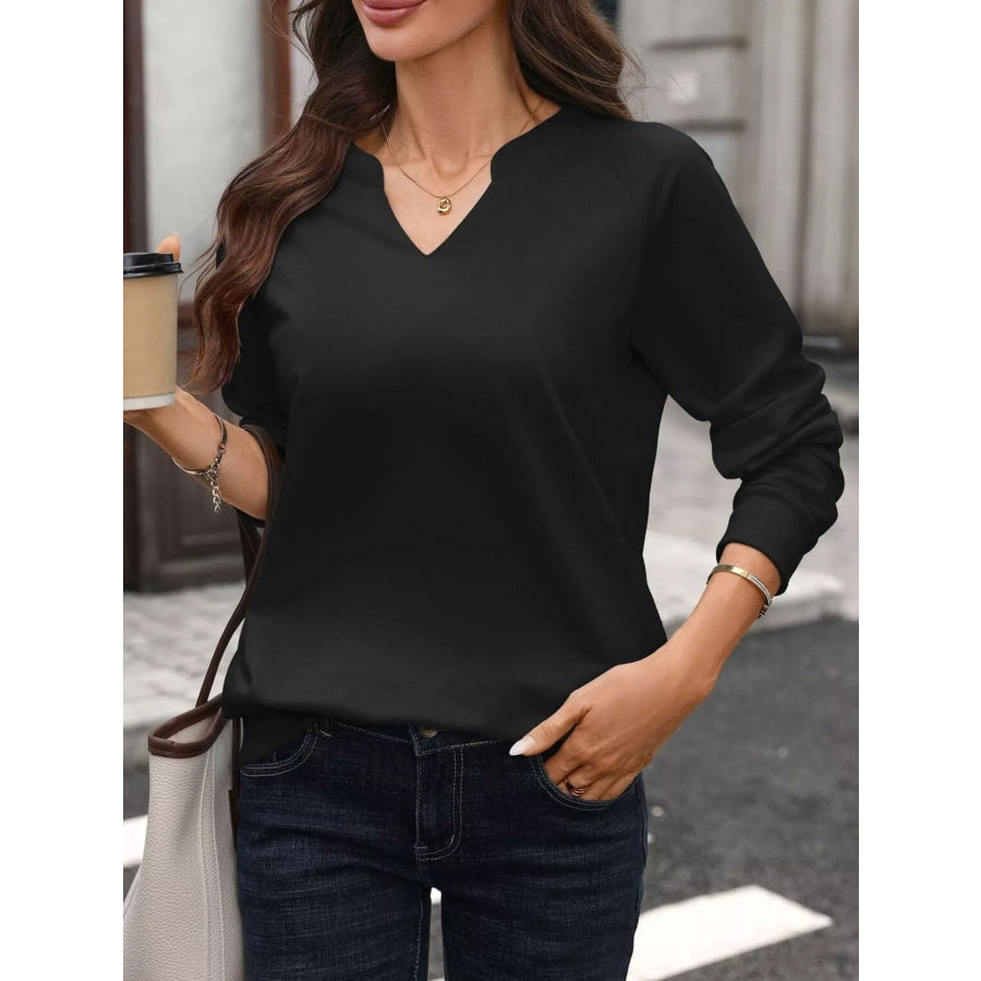 Notched Raglan Sleeve Sweatshirt Black / S Apparel and Accessories