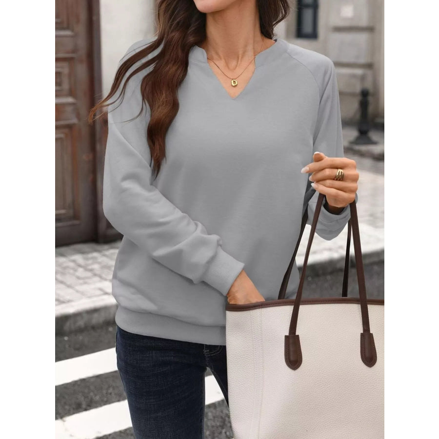 Notched Raglan Sleeve Sweatshirt Grey / S Apparel and Accessories