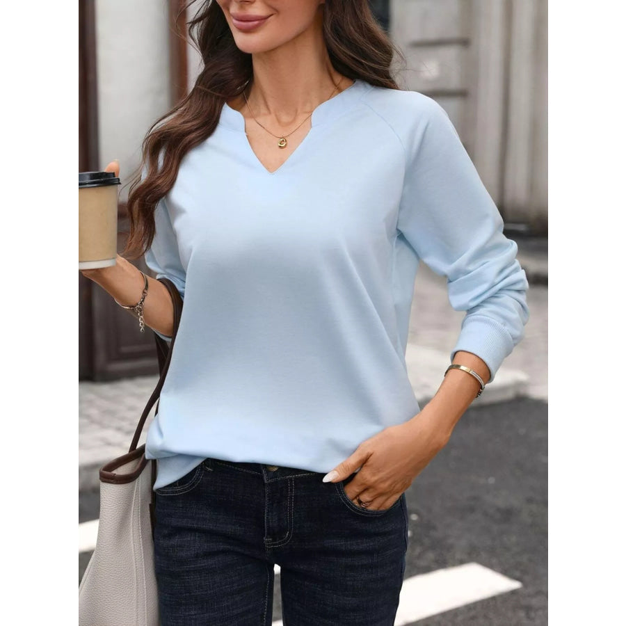 Notched Raglan Sleeve Sweatshirt Sky Blue / S Apparel and Accessories