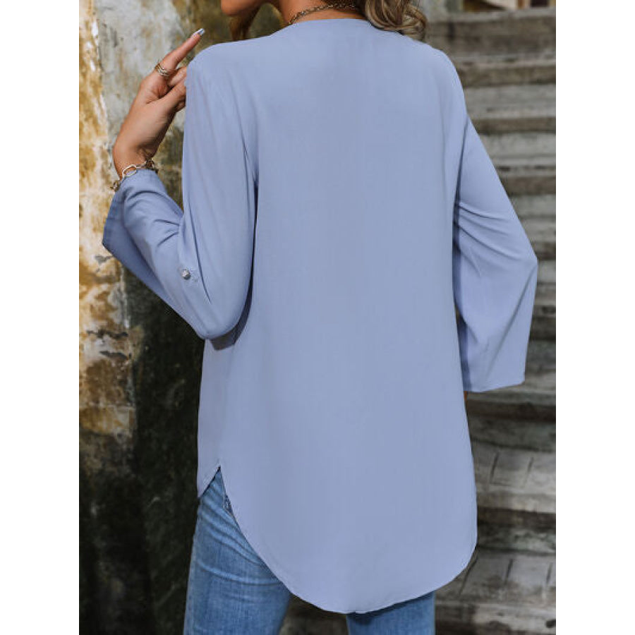 Notched Roll - Tab Sleeve Blouse Apparel and Accessories