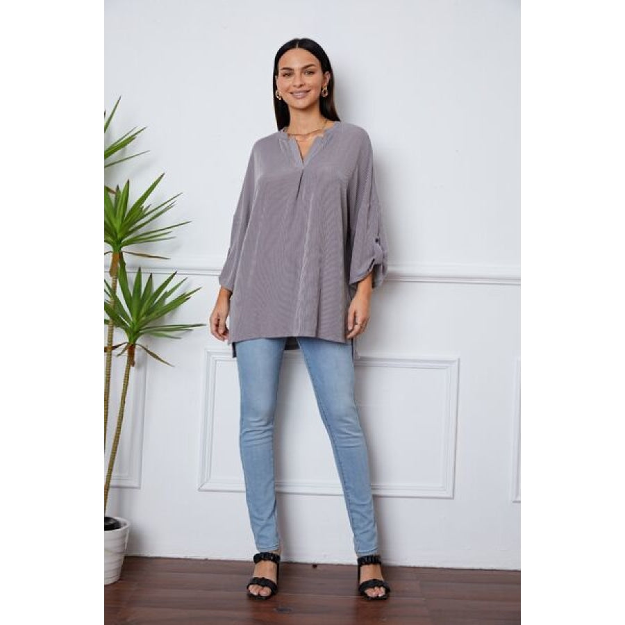 Notched Roll-Tab Sleeve Blouse Clothing