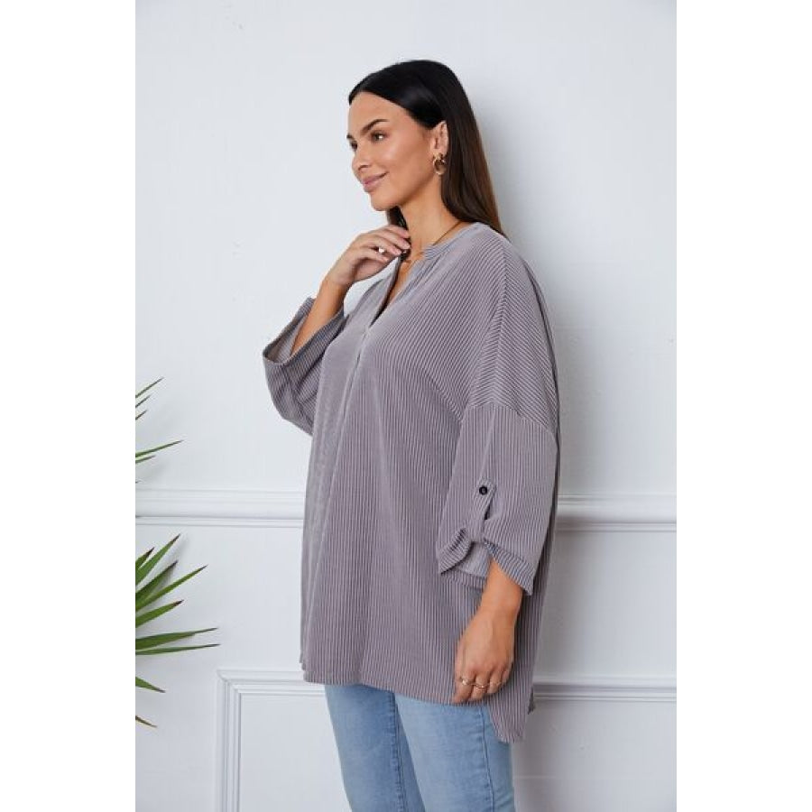 Notched Roll-Tab Sleeve Blouse Clothing