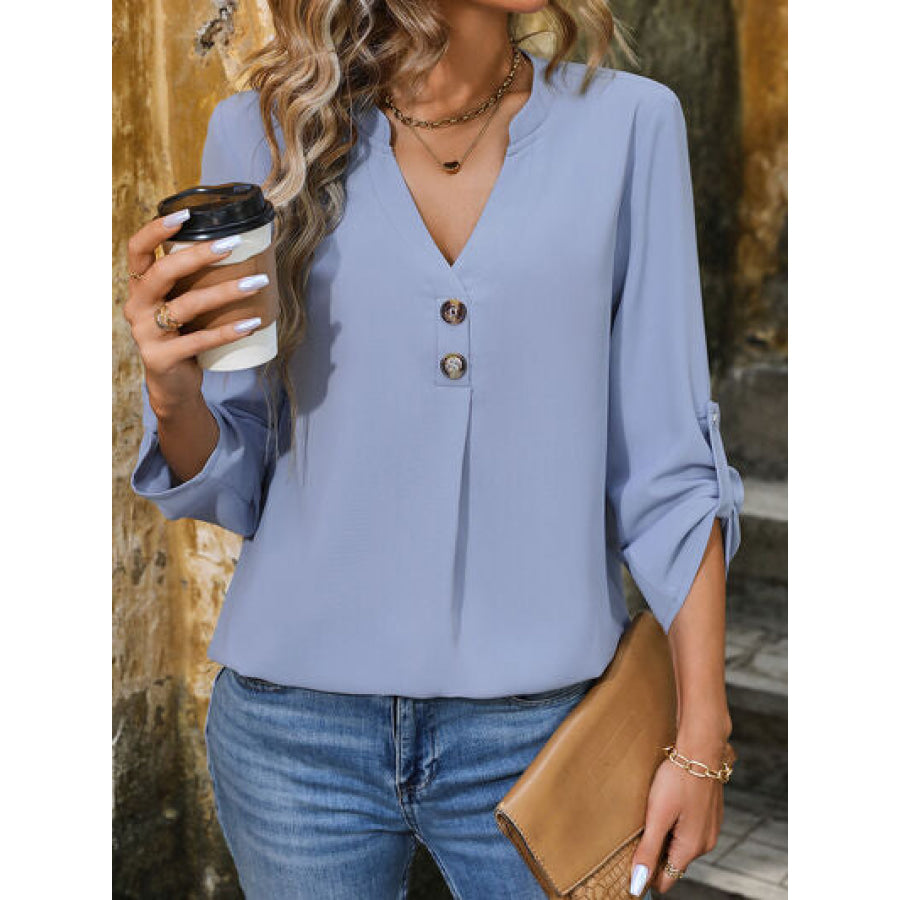 Notched Roll - Tab Sleeve Blouse Misty Blue / S Apparel and Accessories