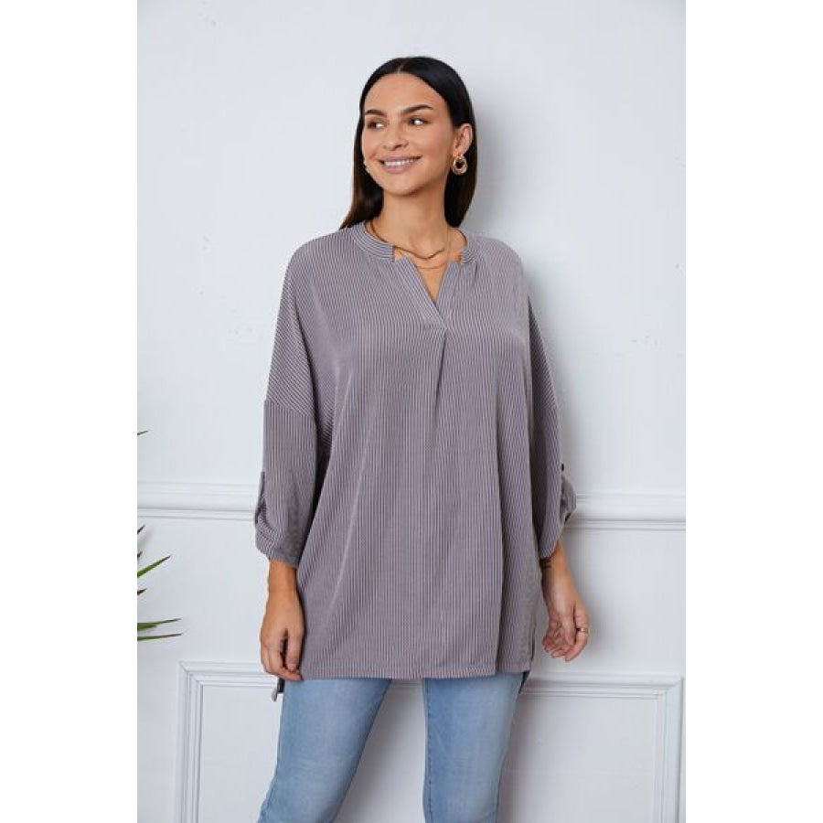 Notched Roll-Tab Sleeve Blouse Stripe / S Clothing