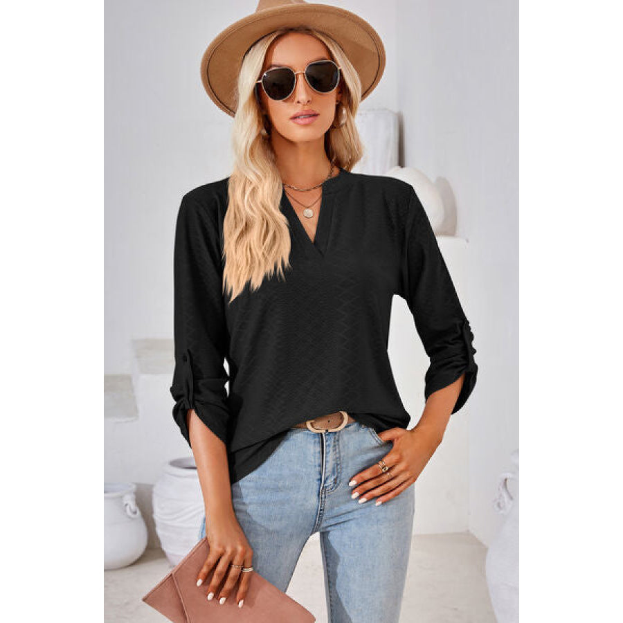 Notched Roll - Tab Sleeve T - Shirt Black / S Apparel and Accessories