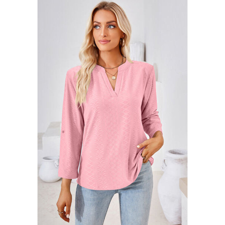 Notched Roll - Tab Sleeve T - Shirt Blush Pink / S Apparel and Accessories