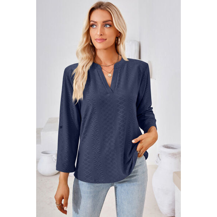 Notched Roll - Tab Sleeve T - Shirt Navy / S Apparel and Accessories