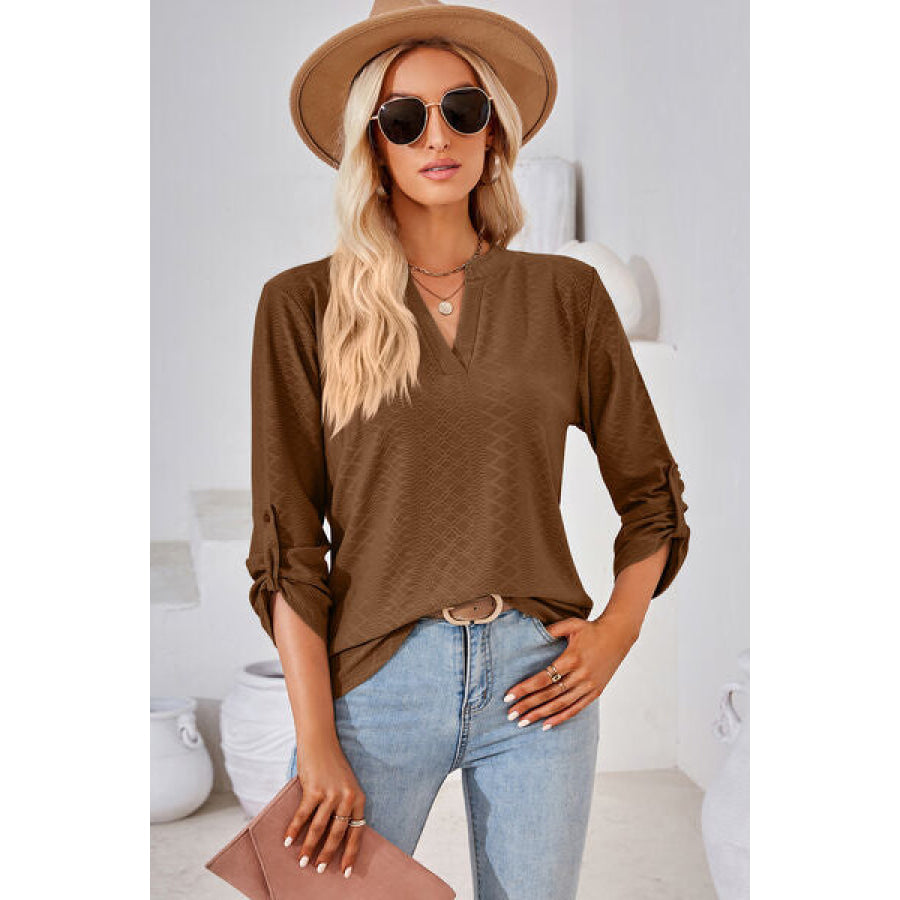 Notched Roll - Tab Sleeve T - Shirt Taupe / S Apparel and Accessories