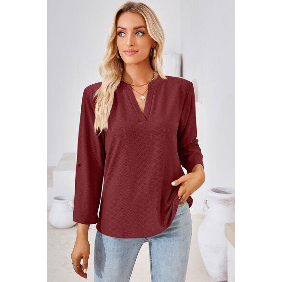 Notched Roll - Tab Sleeve T - Shirt Wine / S Apparel and Accessories