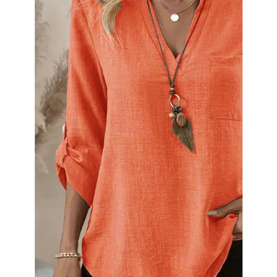 Notched Roll-Up Sleeve Blouse Apparel and Accessories