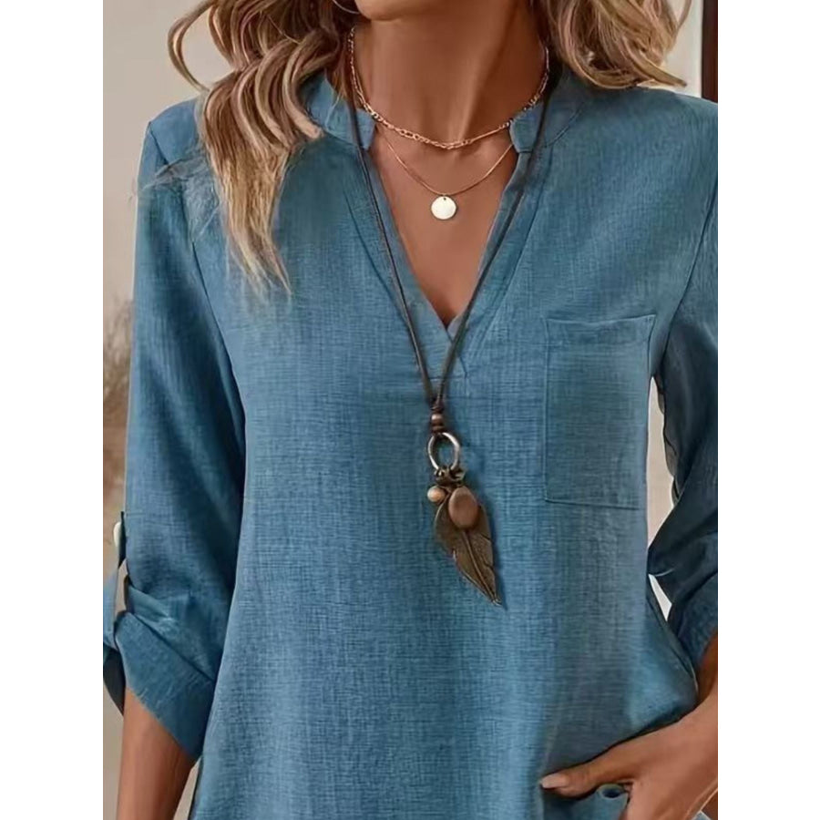 Notched Roll-Up Sleeve Blouse Apparel and Accessories
