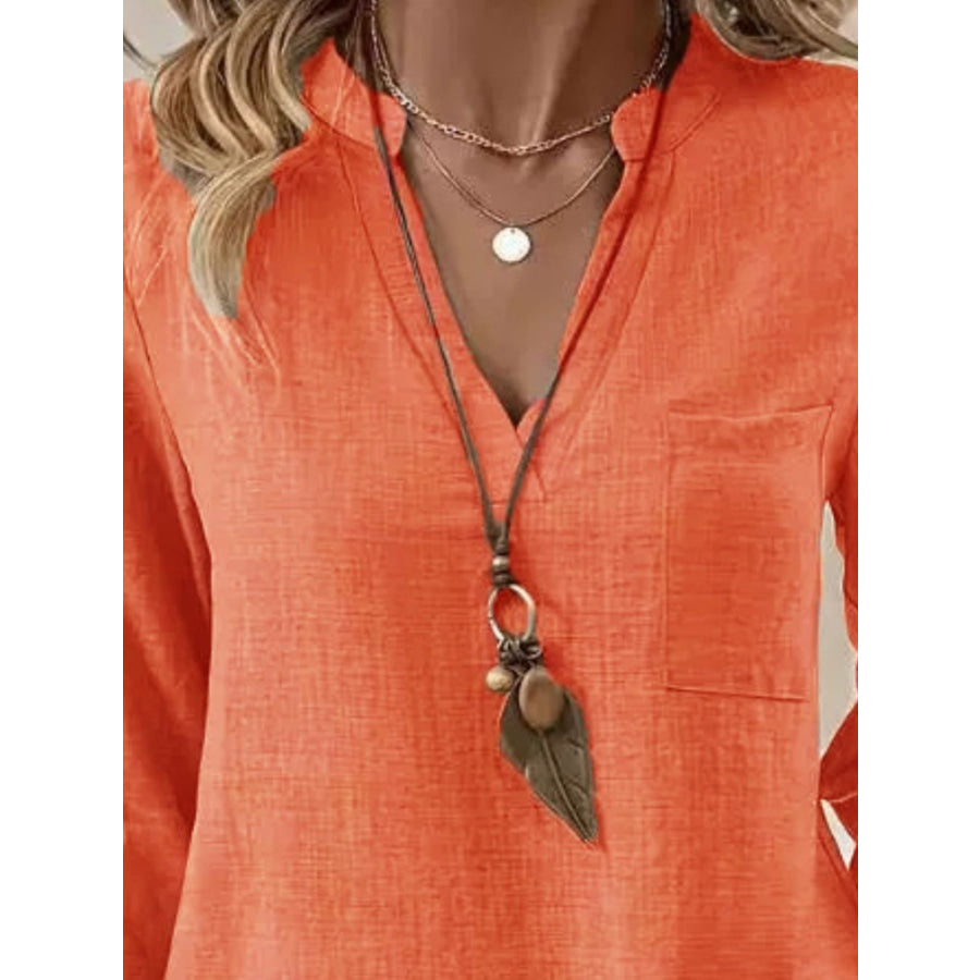 Notched Roll-Up Sleeve Blouse Apparel and Accessories
