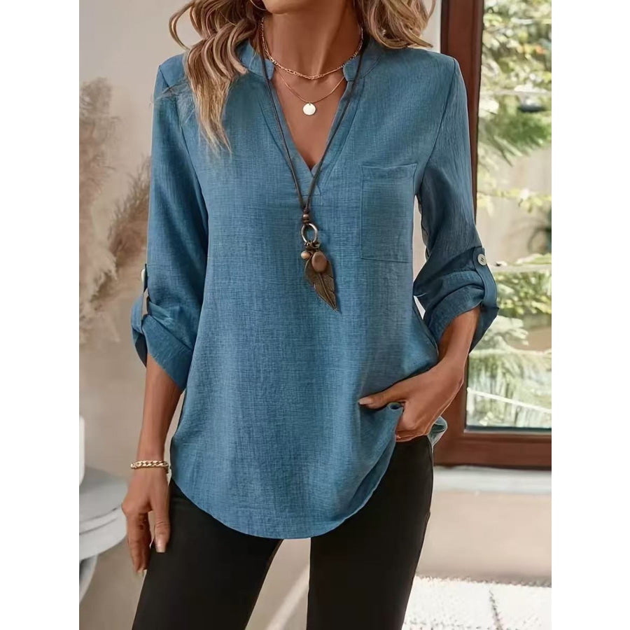 Notched Roll-Up Sleeve Blouse French Blue / S Apparel and Accessories