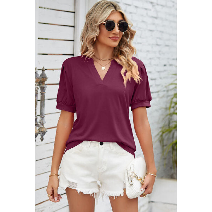 Notched Ruched Short Sleeve T - Shirt Apparel and Accessories