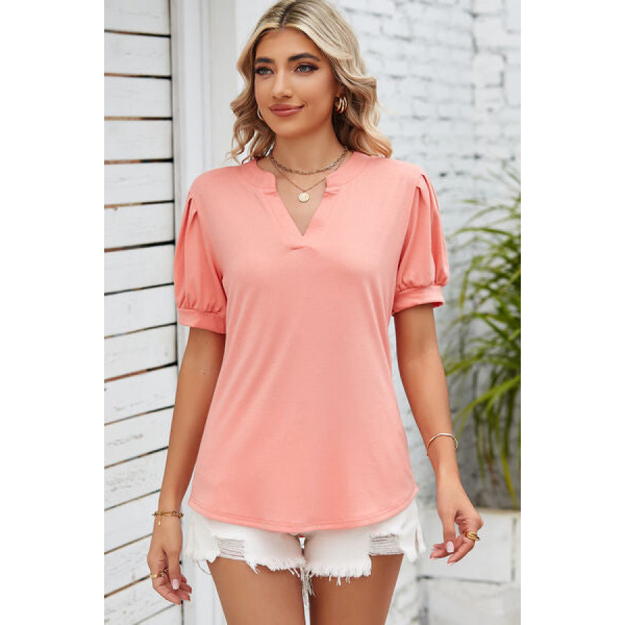 Notched Ruched Short Sleeve T - Shirt Burnt Coral / S Apparel and Accessories