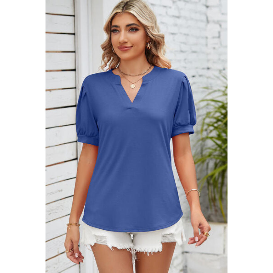 Notched Ruched Short Sleeve T - Shirt Royal Blue / S Apparel and Accessories