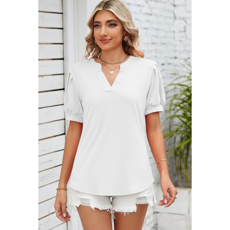Notched Ruched Short Sleeve T - Shirt White / S Apparel and Accessories
