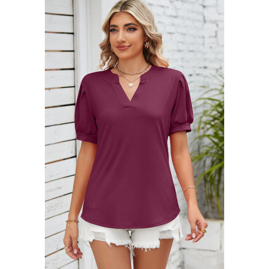 Notched Ruched Short Sleeve T - Shirt Wine / S Apparel and Accessories