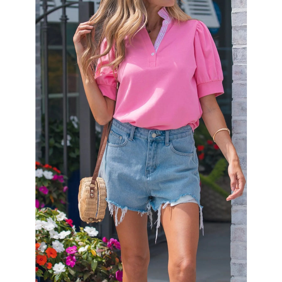 Notched Short Puff Sleeve Blouse Apparel and Accessories