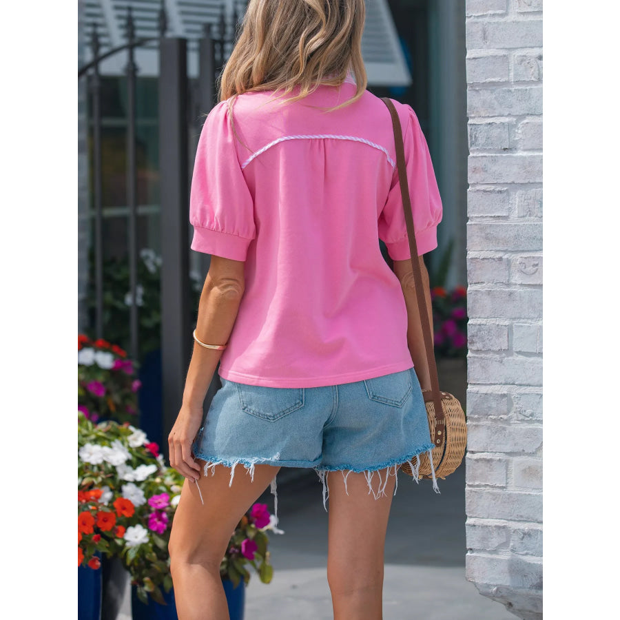 Notched Short Puff Sleeve Blouse Apparel and Accessories