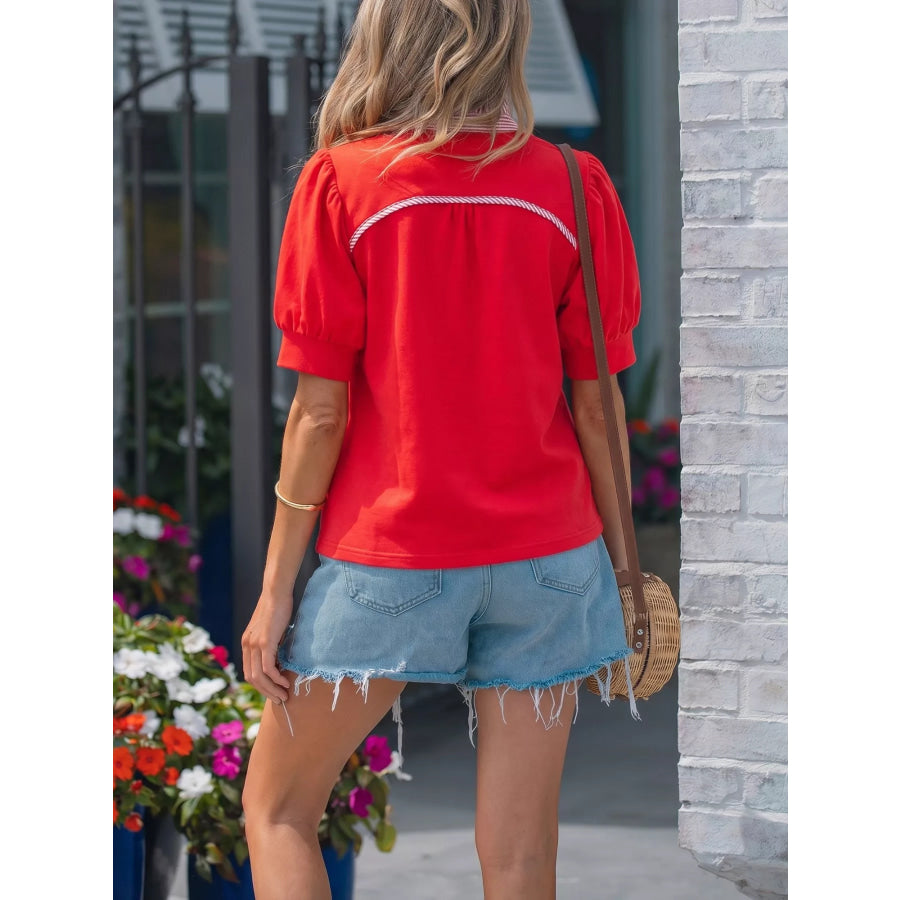 Notched Short Puff Sleeve Blouse Apparel and Accessories