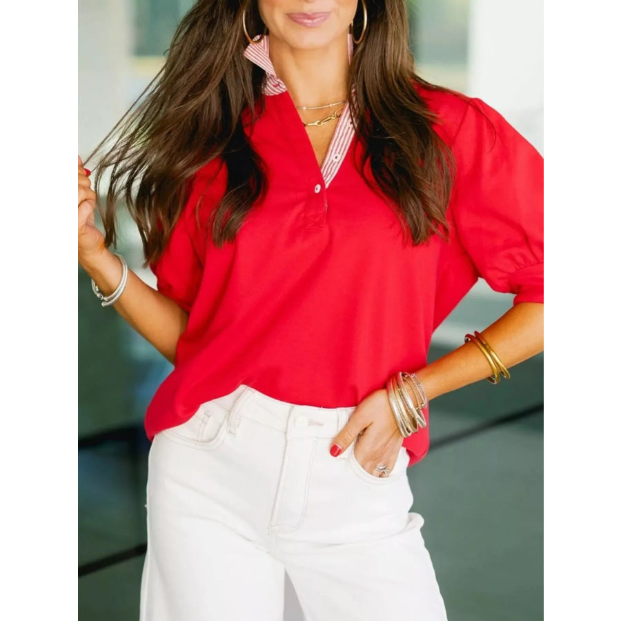 Notched Short Puff Sleeve Blouse Apparel and Accessories