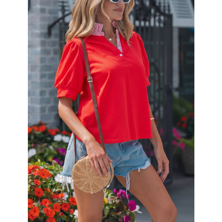 Notched Short Puff Sleeve Blouse Apparel and Accessories