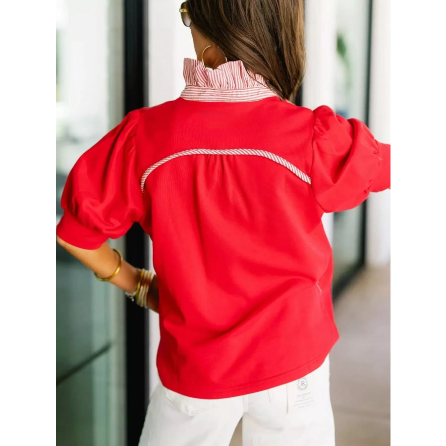 Notched Short Puff Sleeve Blouse Apparel and Accessories