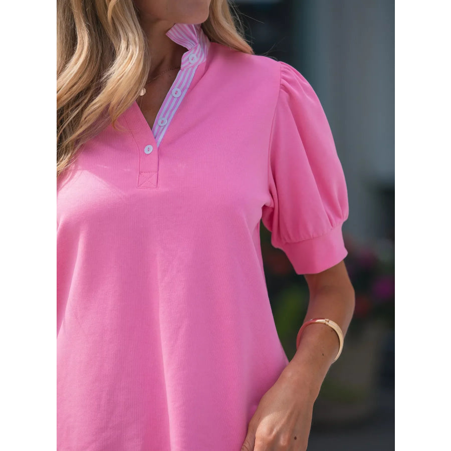Notched Short Puff Sleeve Blouse Apparel and Accessories