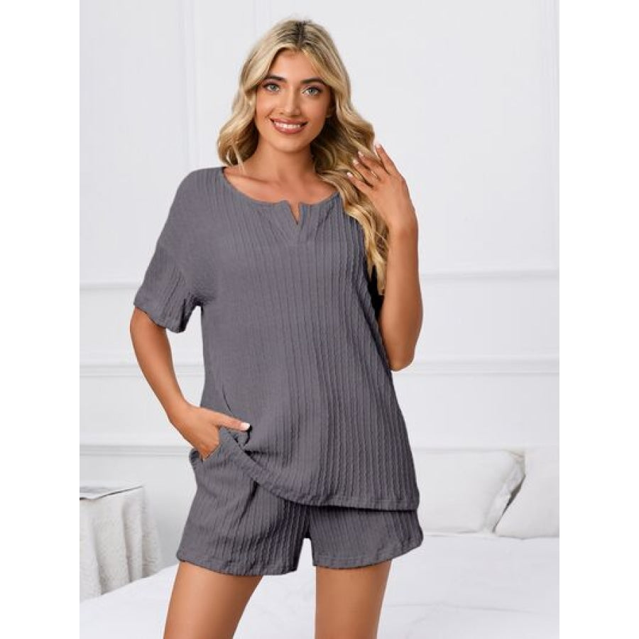 Notched Short Sleeve and Shorts Lounge Set Apparel and Accessories