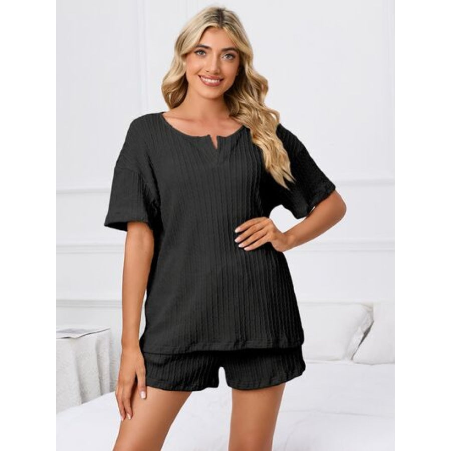 Notched Short Sleeve and Shorts Lounge Set Black / S Apparel and Accessories