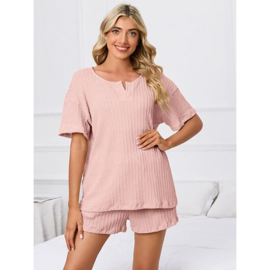 Notched Short Sleeve and Shorts Lounge Set Blush Pink / S Apparel and Accessories