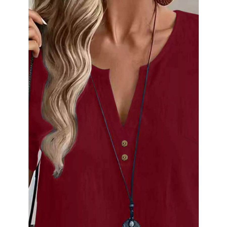 Notched Short Sleeve Blouse Apparel and Accessories