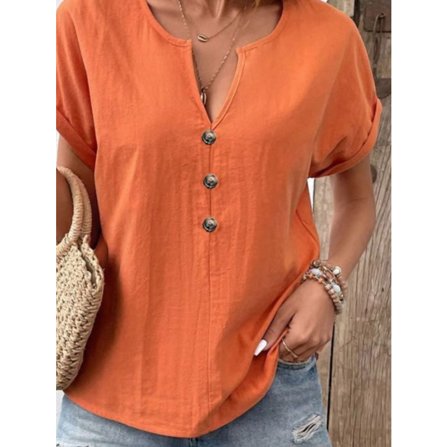 Notched Short Sleeve Blouse Apparel and Accessories