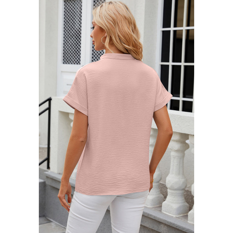 Notched Short Sleeve Blouse Apparel and Accessories